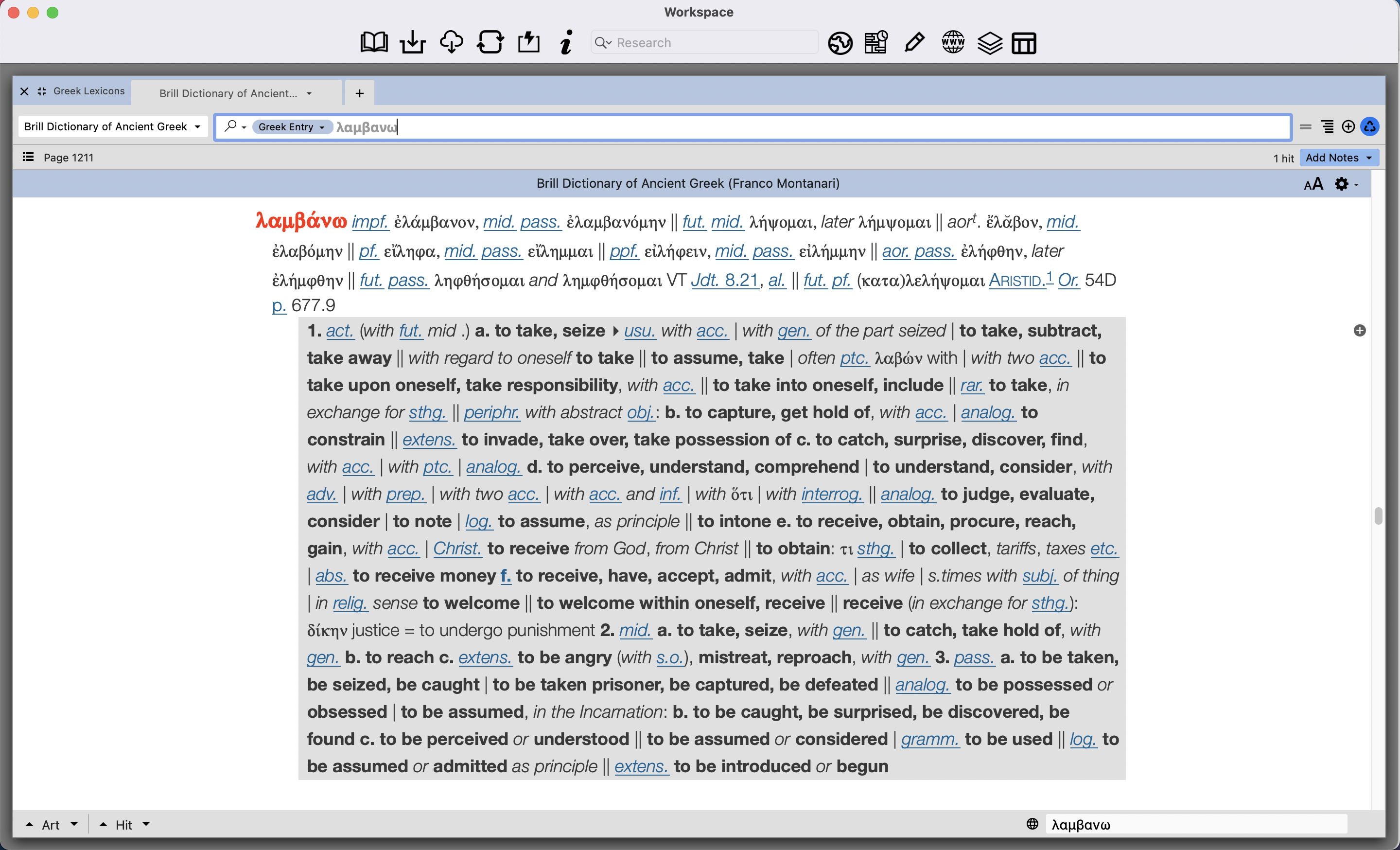 Beginning of the λαμβάνω entry in Accordance