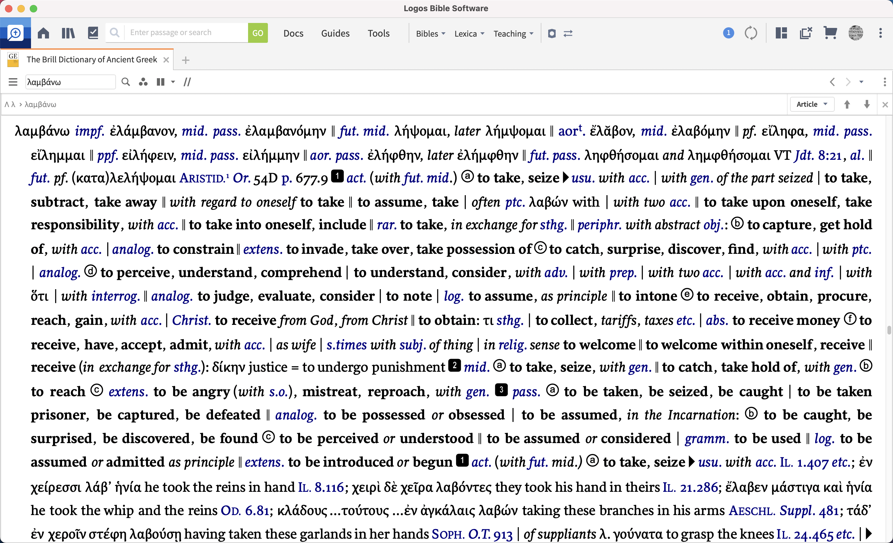 Beginning of the λαμβάνω entry in Logos