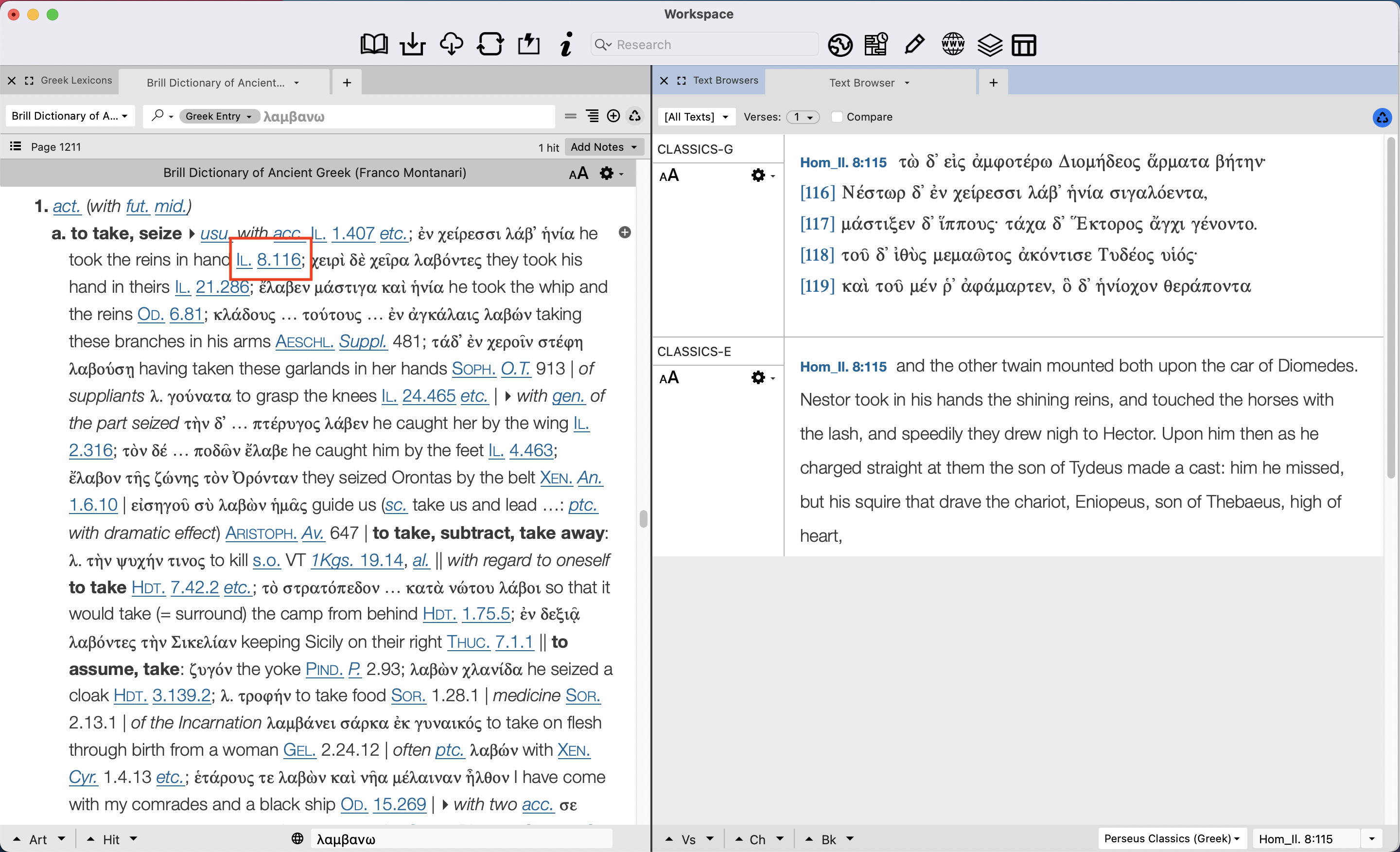 clicking a hyperlinked reference to classical literature