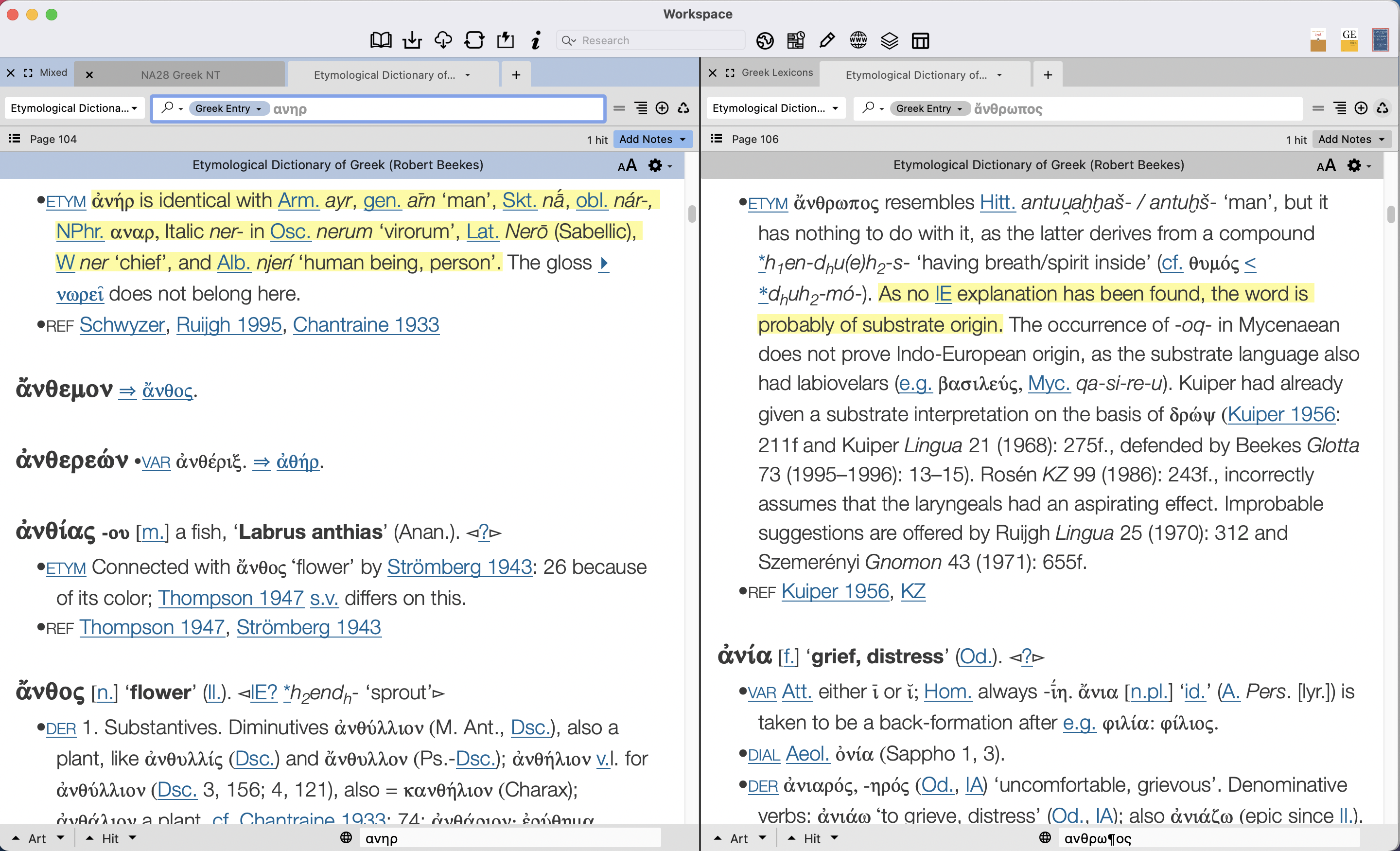 Beekes etymology sections for ἀνήρ and ἄνθρωπος